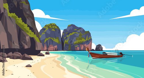 Vibrant vector illustration of a Thai longtail boat on a tropical beach with limestone cliffs. EPS Editable