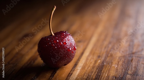 A ripe cherry glistens with water droplets, showcasing its natural beauty and freshness on a dark backdrop.