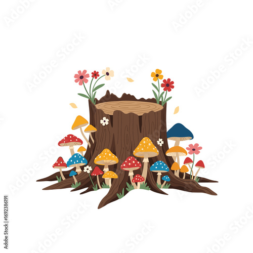 Enchanted woodland stump surrounded by colorful whimsical mushrooms and delicate flowers in a fairy tale forest scene