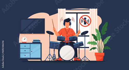 Young man with headphones playing a blue electronic drum kit practicing silently in his room. EPS Editable
