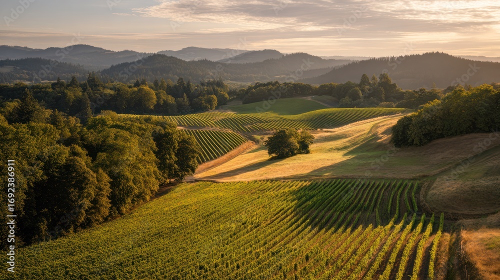 Obraz premium A picturesque vineyard bathed in golden sunlight, portraying tranquility and natural harmony.