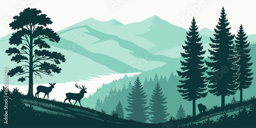 Scenic blue mountain forest landscape vector with wildlife deer, trees, and natural outdoor wilderness background illustration.