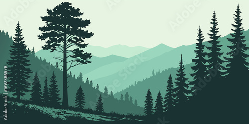 Landscape vector illustration with blue mountain range, tree silhouettes, forest background, and wild deer silhouettes concept.