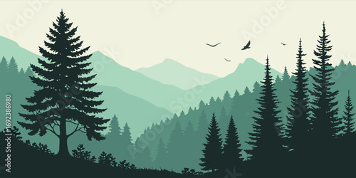 Vector art showing mountain scenery, forest trees, deer silhouettes, and wilderness wildlife in natural outdoor environment.
