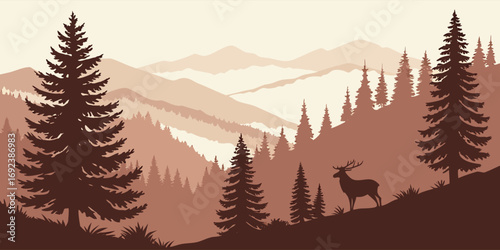 Pine mountains and forest scenery vector with silhouettes of trees, deer, and outdoor wilderness landscape.