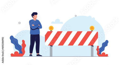 Man standing behind a traffic barrier looking thoughtful illustration