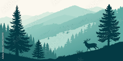Blue mountain range vector with forest silhouettes, wildlife deer, trees, and outdoor wilderness environment background illustration.