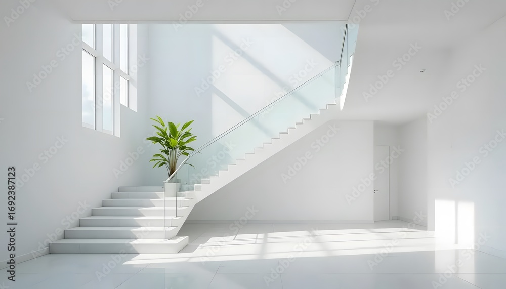 Obraz premium Minimalist Airy Interior with Glass Staircase and Vibrant Plant Accent