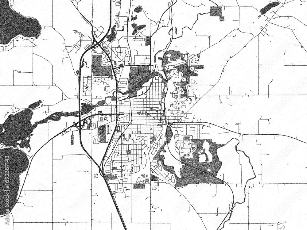 Naklejka premium Stylized illustration of Faribauld, Minnesota, showing its roads and neighborhoods in sketch-like black and white.
