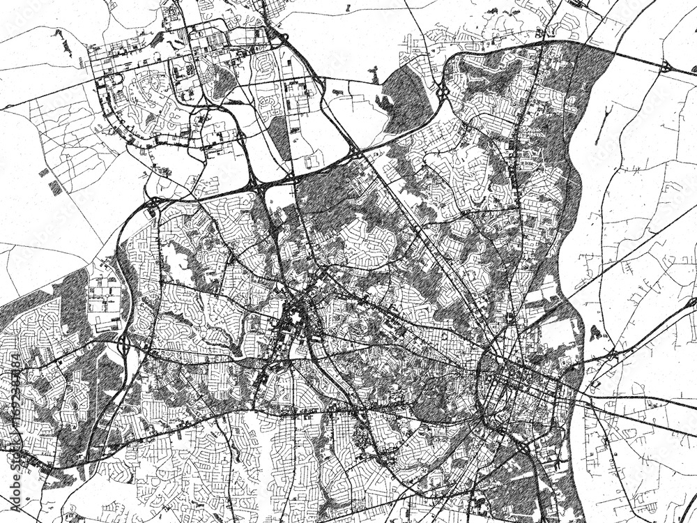 Fototapeta premium Poster-ready city map of Fayetteville North, Carolina, in black and white sketch-like style with detailed street layouts.