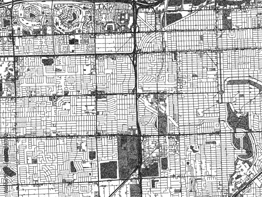 Naklejka premium Decorative map of Flagami, Florida, in hand-drawn digital style, balancing urban detail with a monochrome look.