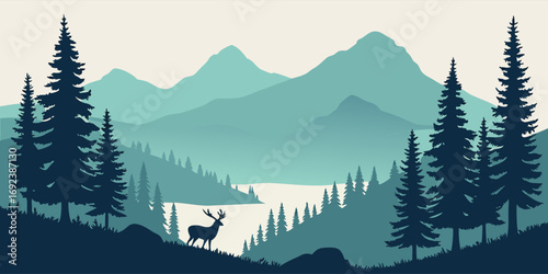 Scenic vector illustration with majestic blue mountain range, dense pine forest, tree silhouettes, and silhouettes of wild deer.