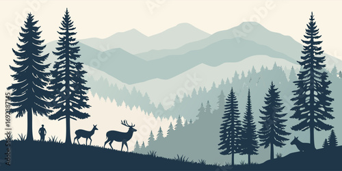 Vector illustration of forest landscape with blue mountain range, tree silhouettes, and wild deer silhouettes roaming freely.