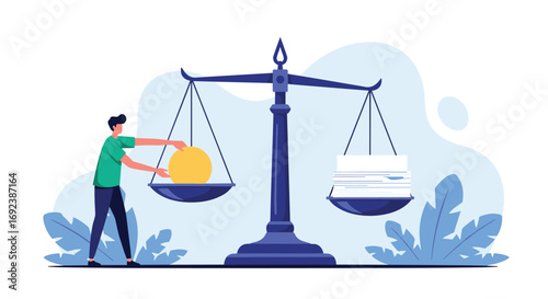 A man balances a coin against a stack of books on a scale understanding value and knowledge
