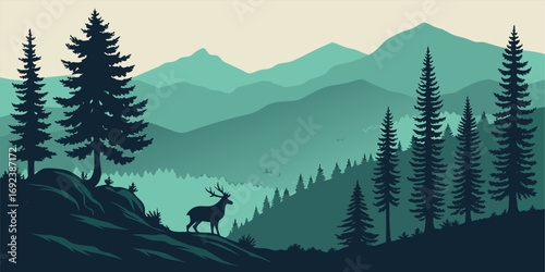 Beautiful mountain scenery vector artwork with blue peaks, tree forest silhouettes, and wild deer in natural background.