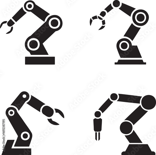 Industrial Robotic Arm Silhouettes Set – Vector Icons of Automation, Robot Machinery, and Factory Robots in 2x2 Grid 