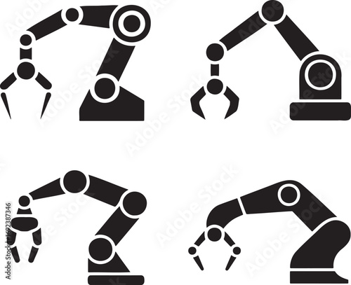 Industrial Robotic Arm Silhouettes Set – Vector Icons of Automation, Robot Machinery, and Factory Robots in 2x2 Grid 