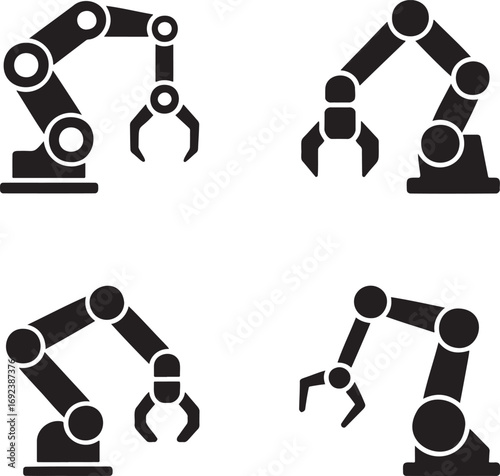 Industrial Robotic Arm Silhouettes Set – Vector Icons of Automation, Robot Machinery, and Factory Robots in 2x2 Grid 