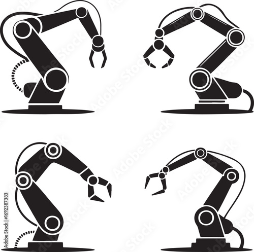 Industrial Robotic Arm Silhouettes Set – Vector Icons of Automation, Robot Machinery, and Factory Robots in 2x2 Grid 