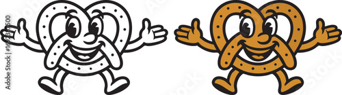 Cartoon pretzel character waving