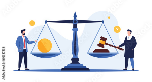 Fairness concept of justice legal system balance scales with money and gavel symbol