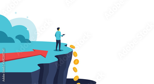 Man standing on cliff edge watching coins fall into abyss risk opportunity decision