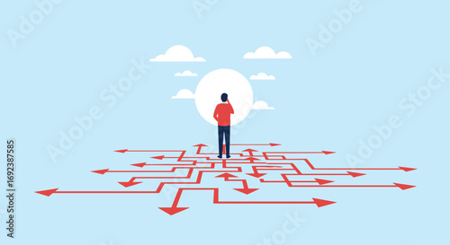 Person standing at crossroads contemplating many different paths forward in life