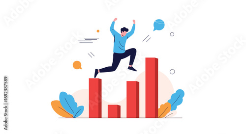 Man jumping over red bar graph symbolizing financial growth and success