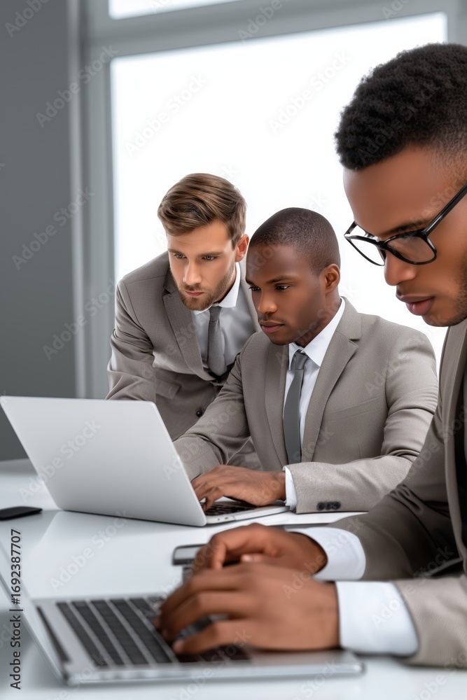 Obraz premium Three professionals collaborating on laptop tasks in a modern office environment during a bright daytime setting