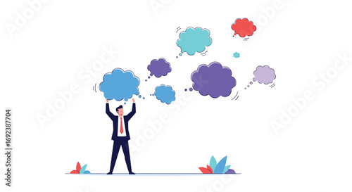 Man holding colorful abstract shapes symbolizing ideas and inspiration ascending into the sky