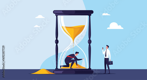 Businessmen racing against the hourglass and sand flowing rapidly representing deadline pressure
