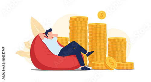 Man relaxing on beanbag chair next to stacked coins showing financial growth and wealth accumulation
