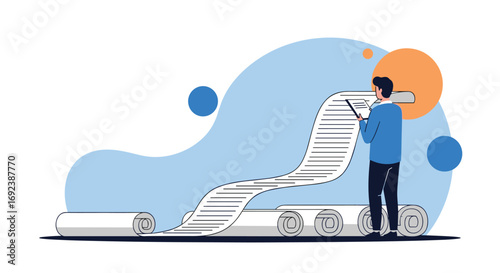 Analyst examining long scroll of data on a large roll of paper in a modern office setting