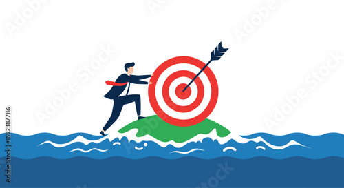 Businessman reaching for the bullseye on a small island surrounded by wavy water