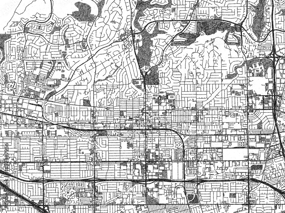 Fototapeta premium Black and white sketch-style map of Fullerton, California, designed digitally with fine details and bold textures.