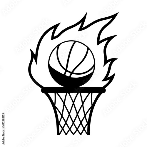 Fiery basketball slam dunk over hoop