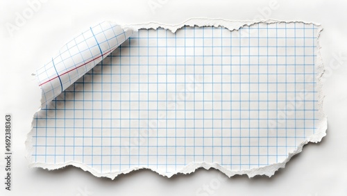 piece of lined graph paper tear isolated on white background.