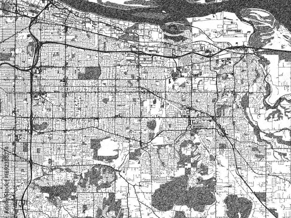 Obraz premium Hand-drawn style black and white city map of Gresham, Oregon, showing its urban design in an artistic layout.