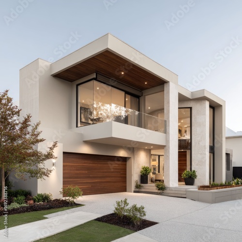 Crisp modern facade with clean roofline and beige palette in full daylight