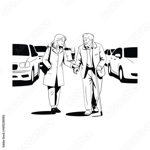 Elderly couple holding hands walking together in car dealership or parking lot white background