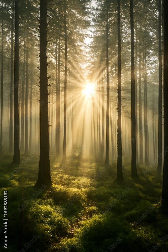 Naklejka premium Sunbeams Streaming Through Pine Forest in Morning Light