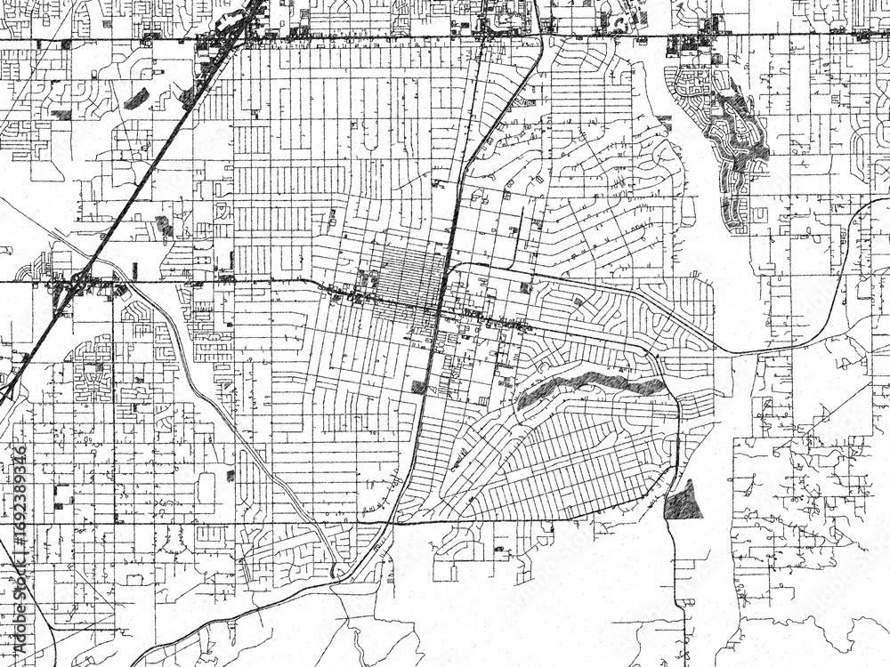 Obraz premium Illustrated city map of Hesperia, California, in black and white, combining detailed grids with shaded textures.