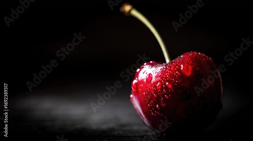 Close-up of ripe cherry with water droplets, highlighting vibrant color and freshness.