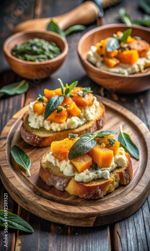 Photo of delicious roasted butternut squash and goat cheese bruschetta topped with fresh sage leaves and a drizzle of honey, served on a rustic wooden board with a side of herb dip
