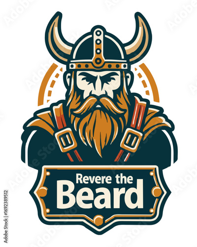 Viking revering beard, on badge with horned helm, beard tribute -