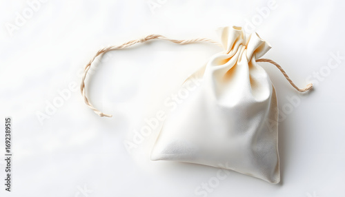 Small canvas drawstring bag, jewelry bag, muslin favor bag mockup for design or personalized text presentation, flat lay, professional photography. White tone