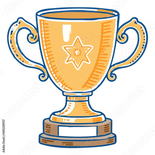 Championship trophy icon, cartoon illustration, gold and blue, award-