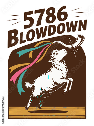 Ram on stage mid-jump blowing shofar, retro gold teal pink celebration