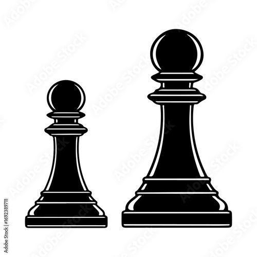 Two black chess pawns standing tall on a white background