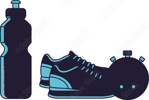 Essential workout accessories vector illustration featuring sneakers bottle and stopwatch